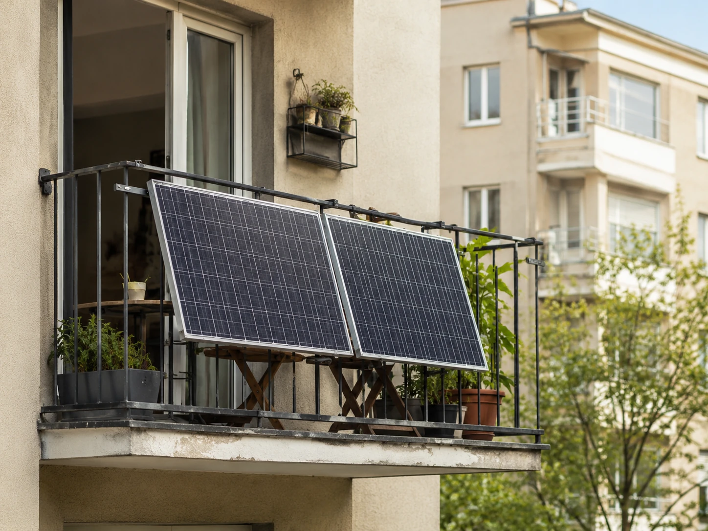 Balkon mit Solarmodul als Motiv für Balkonkraftwerk