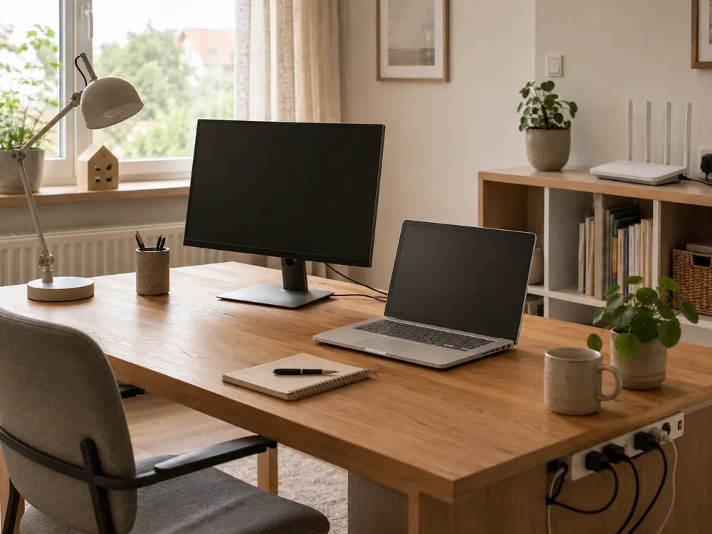 Symbolbild zu Stromkosten im Homeoffice gesamt: Arbeitsplatz, Router und Pausen ehrlich rechnen