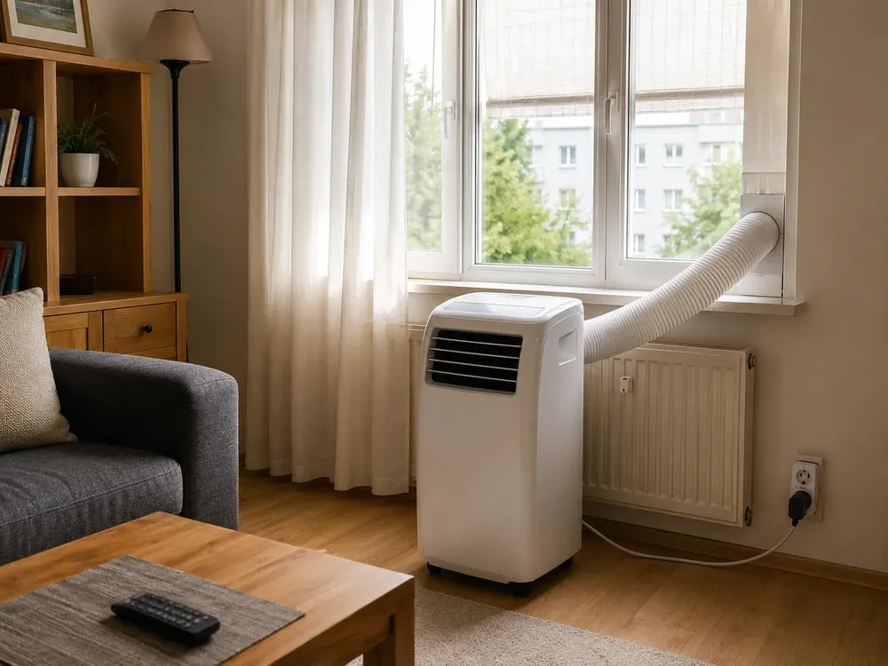 Mobile Klimaanlage mit Abluftschlauch in einem mitteleuropäischen Wohnzimmer